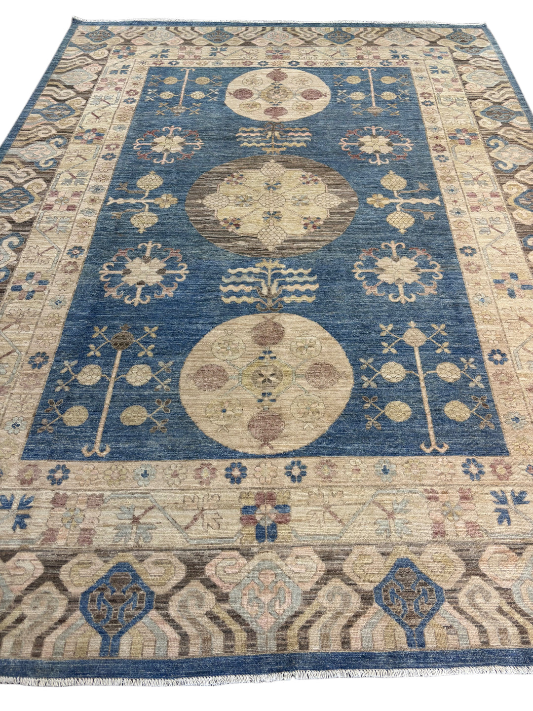Blue, Ivory &amp; Taupe Transitional Rug – Oushak Style Hand-Knotted Wool Rug – 10’1” × 13’7”