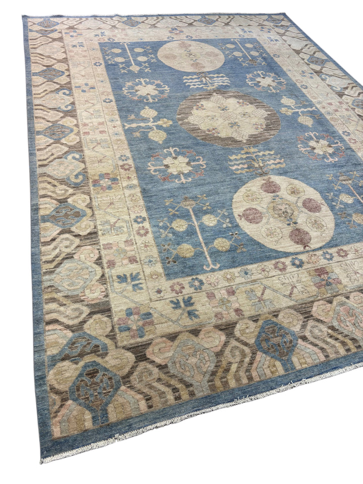 Blue, Ivory &amp; Taupe Transitional Rug – Oushak Style Hand-Knotted Wool Rug – 10’1” × 13’7”
