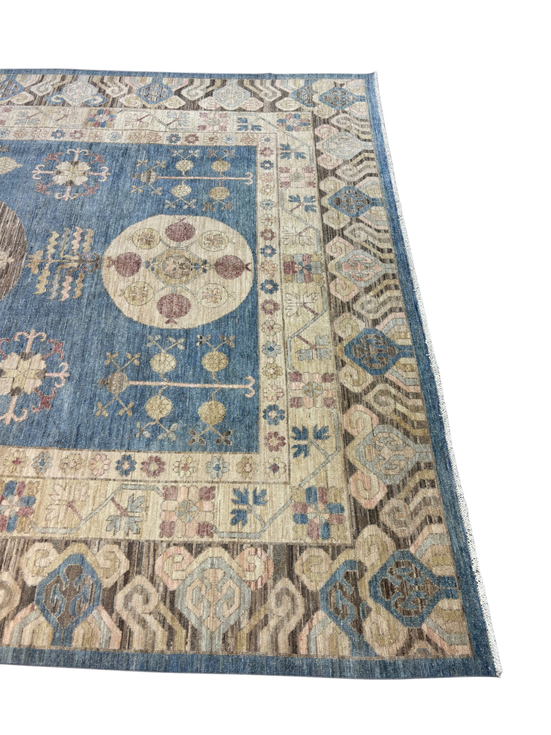 Blue, Ivory &amp; Taupe Transitional Rug – Oushak Style Hand-Knotted Wool Rug – 10’1” × 13’7”