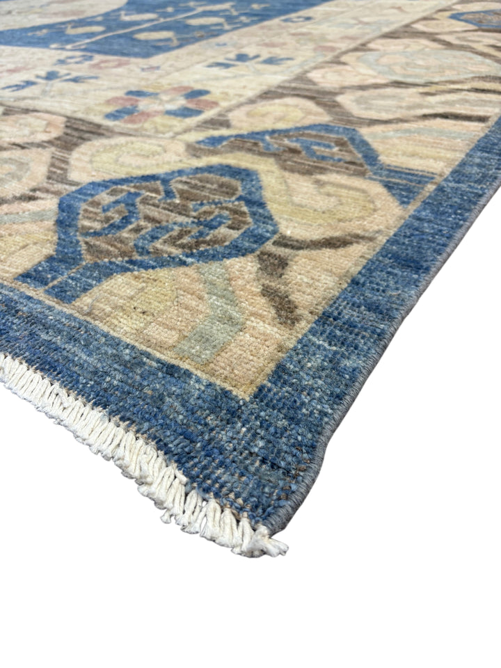 Blue, Ivory &amp; Taupe Transitional Rug – Oushak Style Hand-Knotted Wool Rug – 10’1” × 13’7”