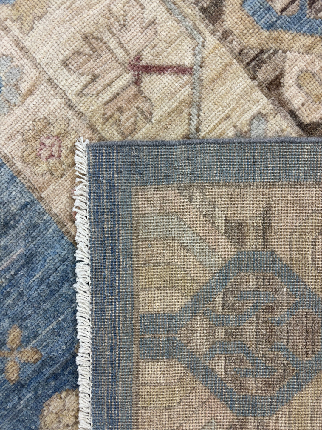 Blue, Ivory &amp; Taupe Transitional Rug – Oushak Style Hand-Knotted Wool Rug – 10’1” × 13’7”