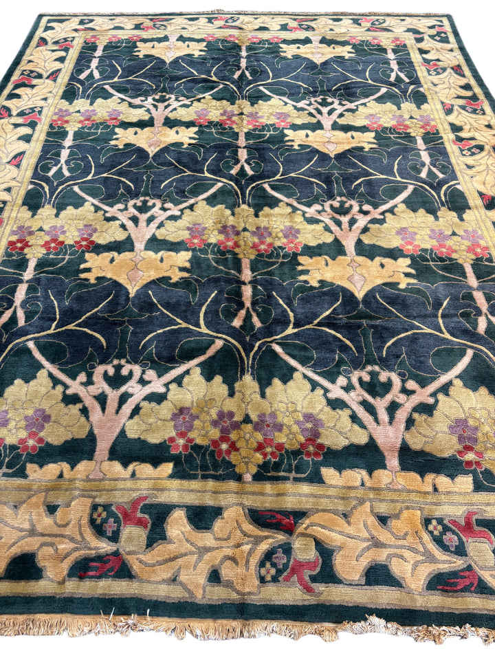 Green &amp; Gold Tibetan Wool Rug – Arts &amp; Crafts Style Hand-Knotted Rug – 11’1” × 14’11”