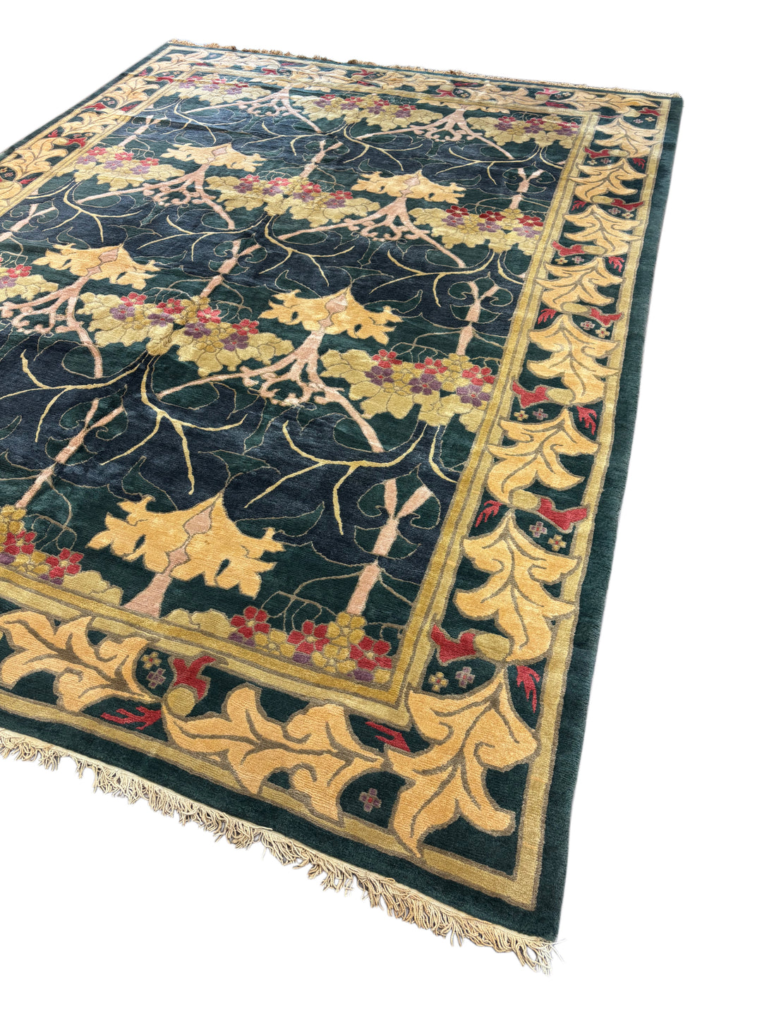 Green &amp; Gold Tibetan Wool Rug – Arts &amp; Crafts Style Hand-Knotted Rug – 11’1” × 14’11”