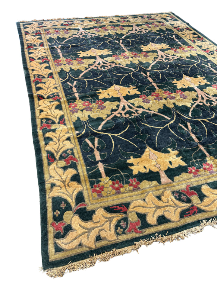 Green &amp; Gold Tibetan Wool Rug – Arts &amp; Crafts Style Hand-Knotted Rug – 11’1” × 14’11”