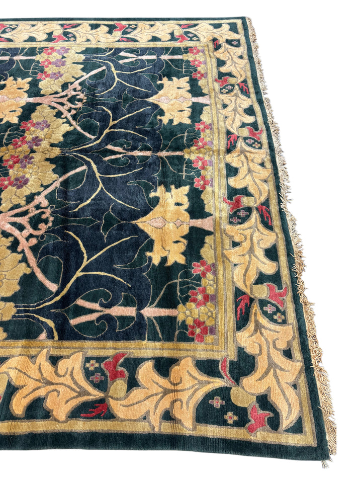 Green &amp; Gold Tibetan Wool Rug – Arts &amp; Crafts Style Hand-Knotted Rug – 11’1” × 14’11”