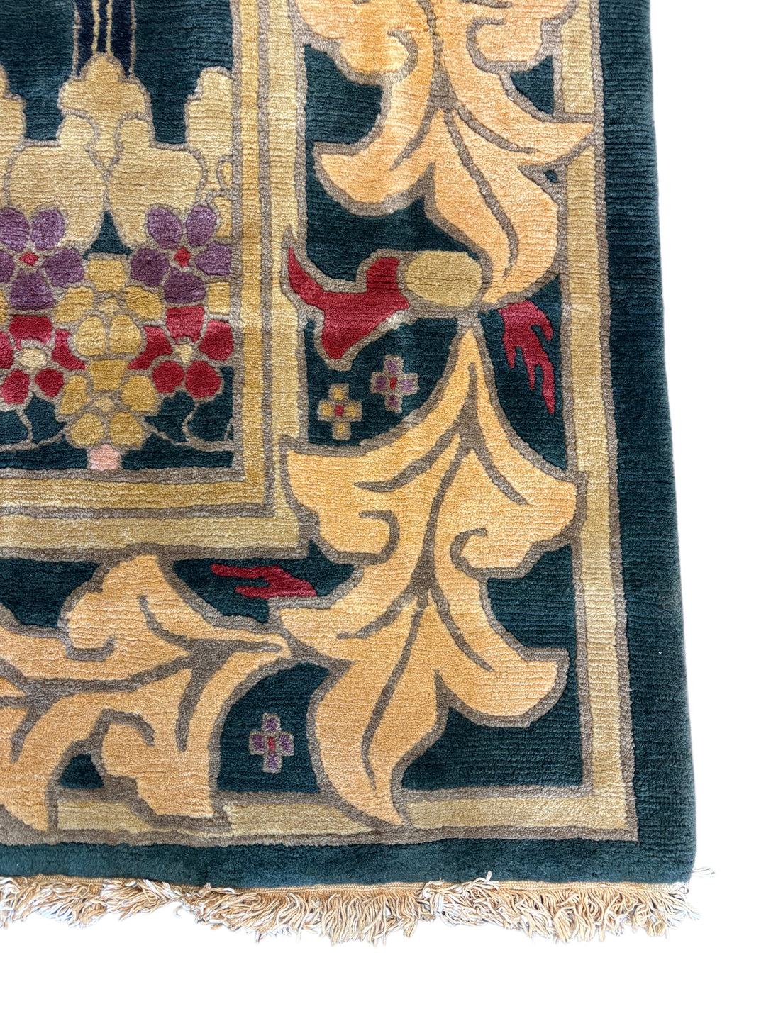 Green &amp; Gold Tibetan Wool Rug – Arts &amp; Crafts Style Hand-Knotted Rug – 11’1” × 14’11”