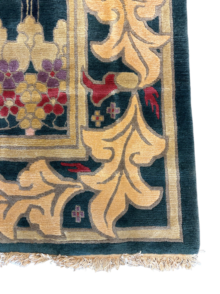 Green &amp; Gold Tibetan Wool Rug – Arts &amp; Crafts Style Hand-Knotted Rug – 11’1” × 14’11”