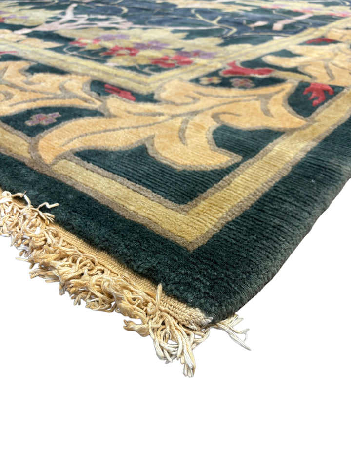 Green &amp; Gold Tibetan Wool Rug – Arts &amp; Crafts Style Hand-Knotted Rug – 11’1” × 14’11”