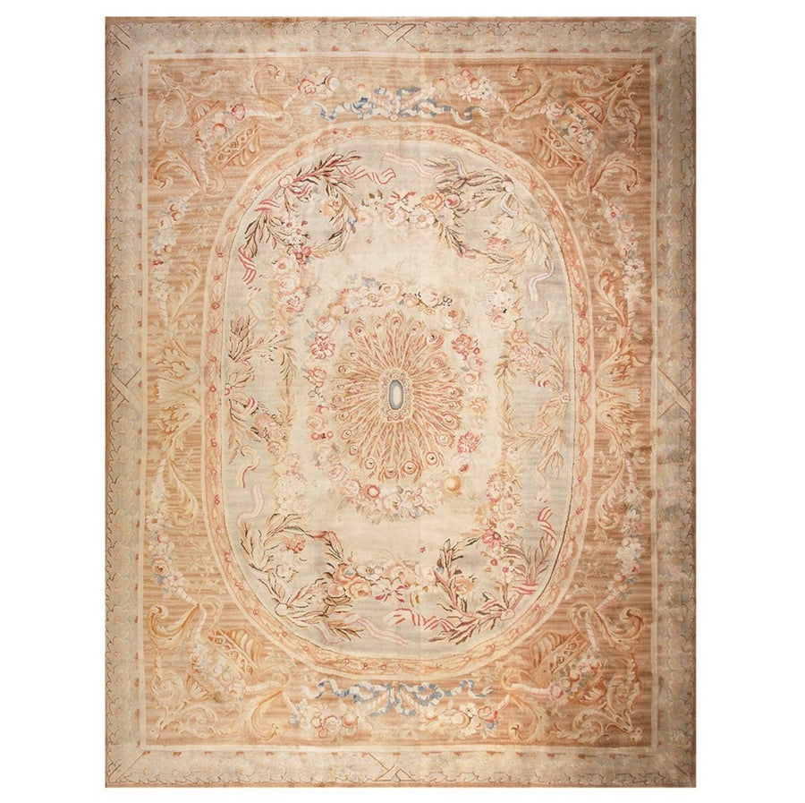 Antique French Savonnerie Rug Circa 1890 – Handwoven Wool Masterpiece – Soft Beige & Blush Floral Design - 14.10 x 20.0