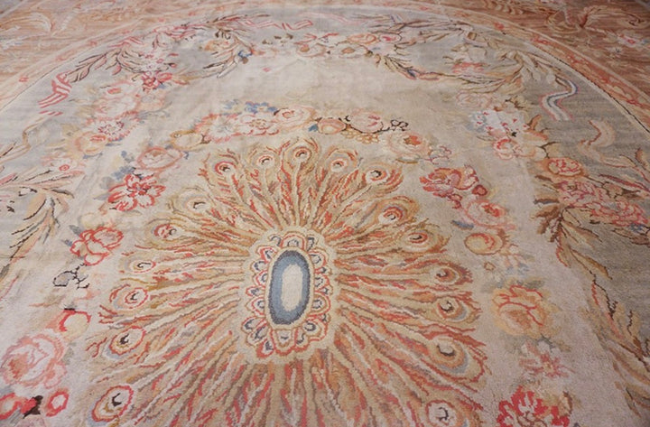 Antique French Savonnerie Rug Circa 1890 – Handwoven Wool Masterpiece – Soft Beige &amp; Blush Floral Design - 14.10 x 20.0