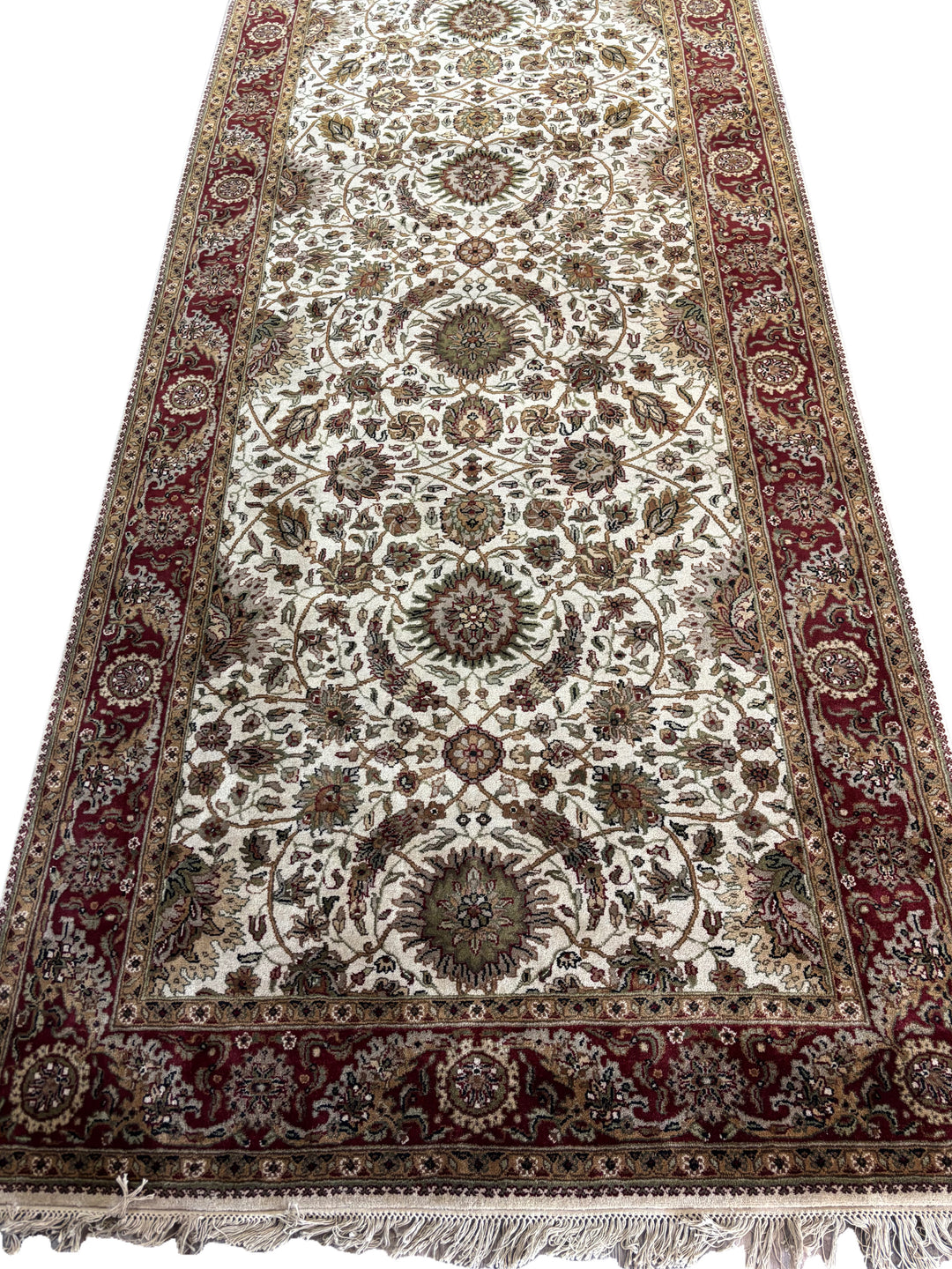Hand-Knotted Ivory &amp; Burgundy Floral Runner | Traditional Style Wool Rug | 6.1 x 20.2