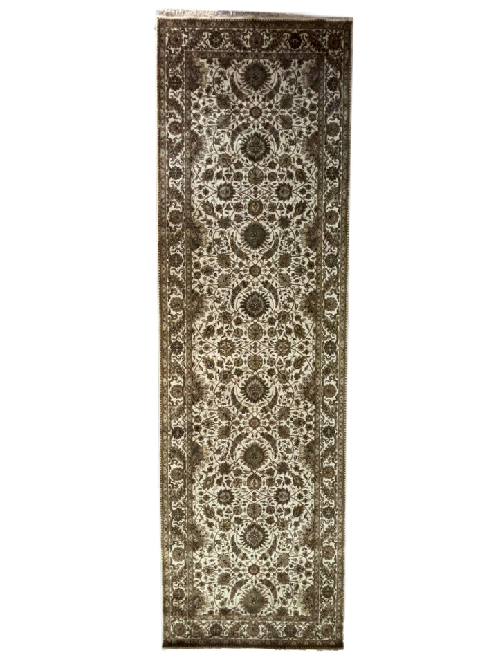 Hand-Knotted Ivory, Olive &amp; Brown Floral Runner | Traditional Style Wool Rug | 6.2 x 20.3