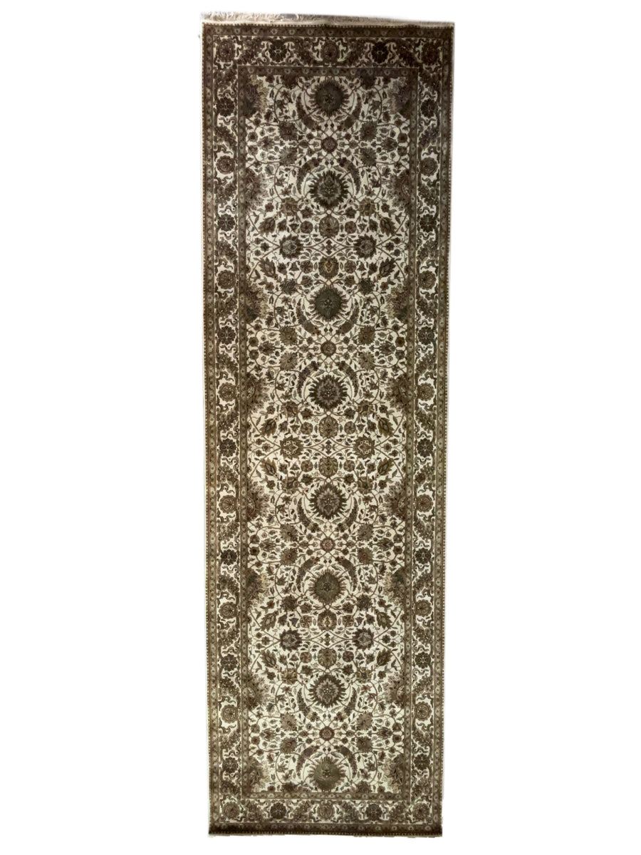 Hand-Knotted Ivory, Olive & Brown Floral Runner | Traditional Style Wool Rug | 6.2 x 20.3