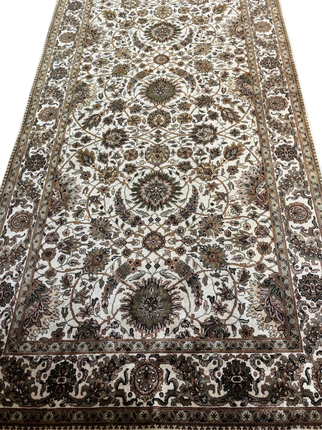 Hand-Knotted Ivory, Olive &amp; Brown Floral Runner | Traditional Style Wool Rug | 6.2 x 20.3