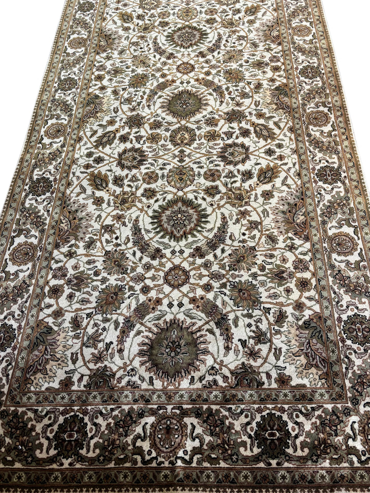 Hand-Knotted Ivory, Olive &amp; Brown Floral Runner | Traditional Style Wool Rug | 6.2 x 20.3