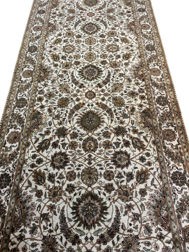 Hand-Knotted Ivory, Olive &amp; Brown Floral Runner | Traditional Style Wool Rug | 6.2 x 20.3