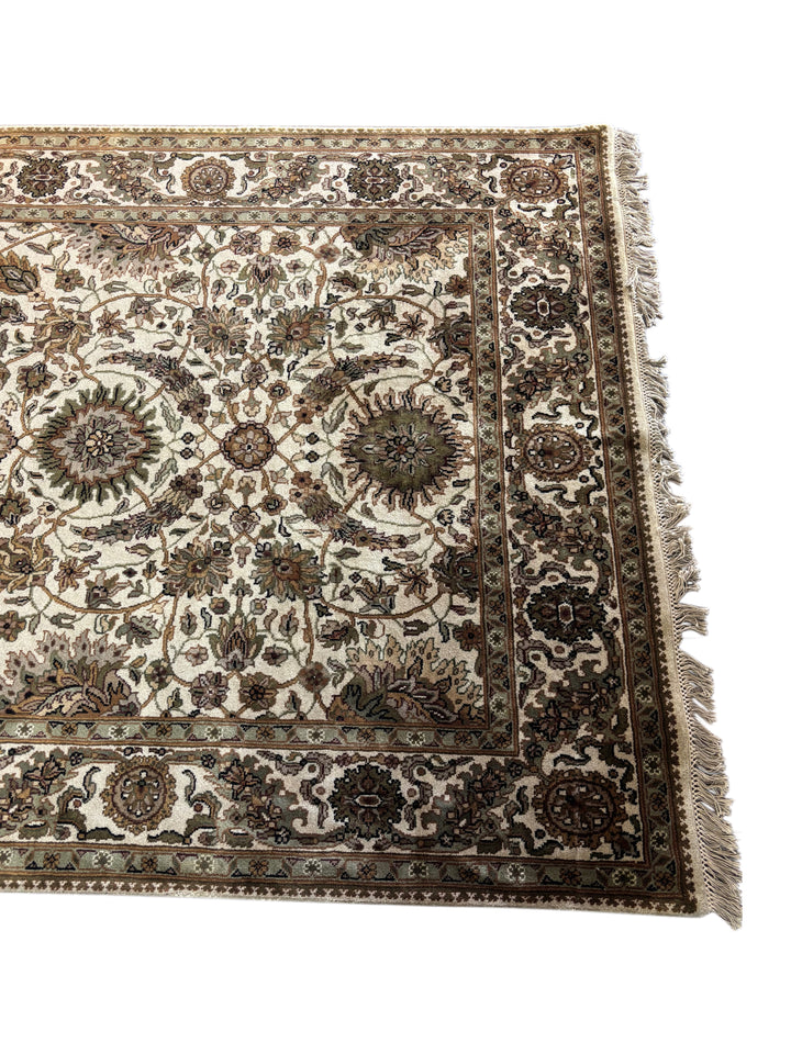 Hand-Knotted Ivory, Olive &amp; Brown Floral Runner | Traditional Style Wool Rug | 6.2 x 20.3