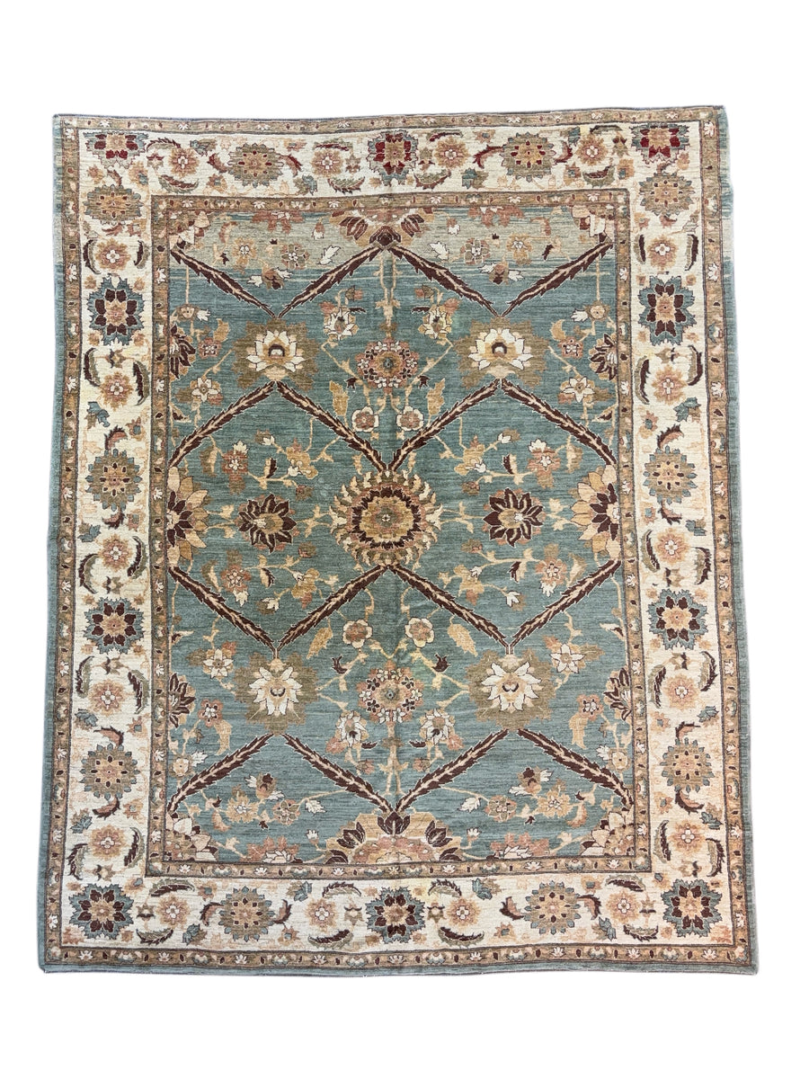 Aqua Blue & Ivory Floral Hand-Knotted  Rug - Traditional Style Wool Rug - 9.10 x 12.1