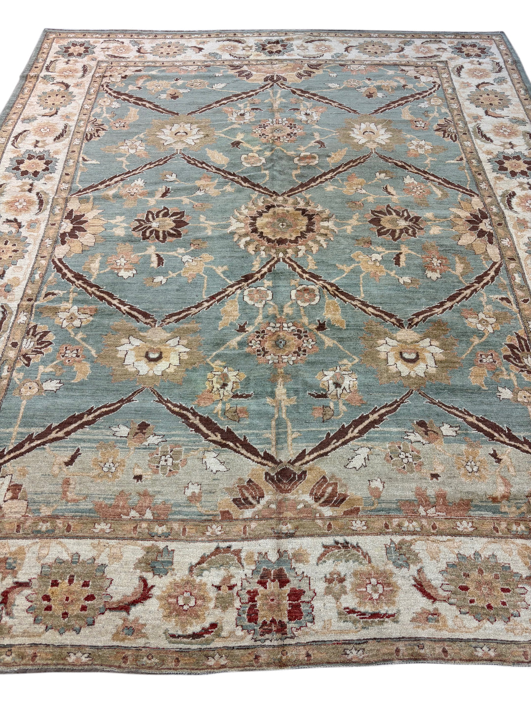 Aqua Blue &amp; Ivory Floral Hand-Knotted  Rug - Traditional Style Wool Rug - 9.10 x 12.1