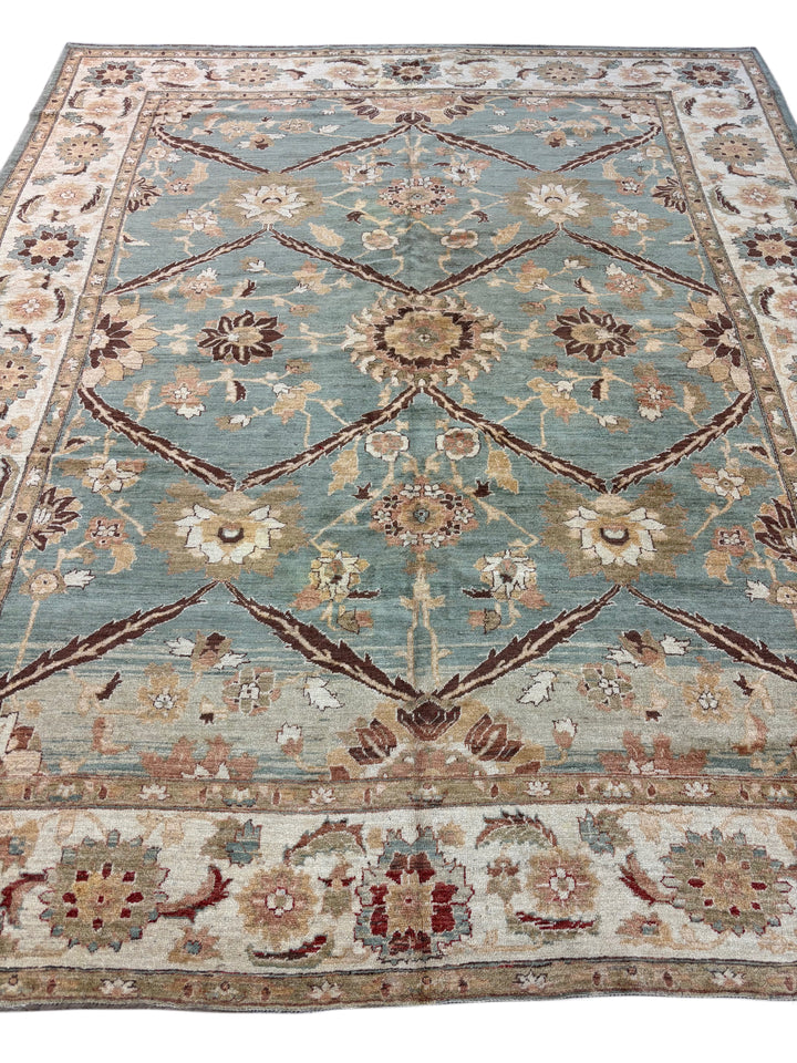 Aqua Blue &amp; Ivory Floral Hand-Knotted  Rug - Traditional Style Wool Rug - 9.10 x 12.1