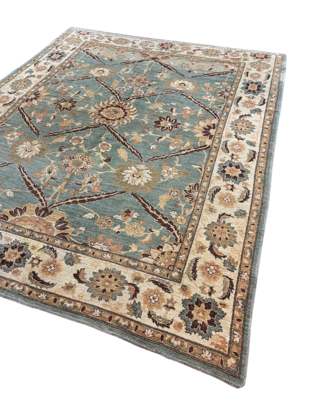 Aqua Blue &amp; Ivory Floral Hand-Knotted  Rug - Traditional Style Wool Rug - 9.10 x 12.1