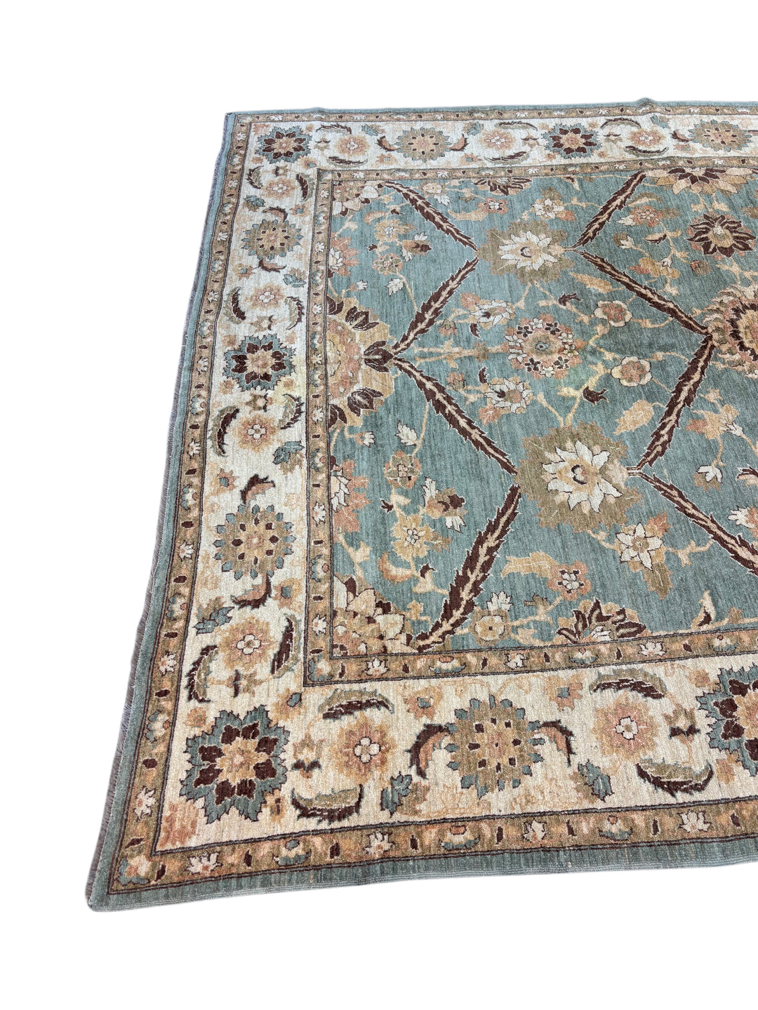 Aqua Blue &amp; Ivory Floral Hand-Knotted  Rug - Traditional Style Wool Rug - 9.10 x 12.1