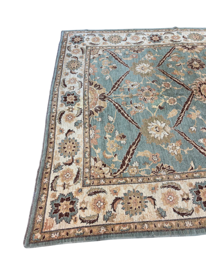 Aqua Blue &amp; Ivory Floral Hand-Knotted  Rug - Traditional Style Wool Rug - 9.10 x 12.1