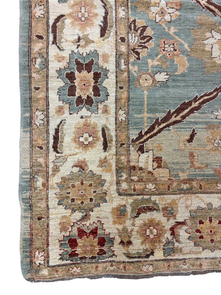 Aqua Blue &amp; Ivory Floral Hand-Knotted  Rug - Traditional Style Wool Rug - 9.10 x 12.1