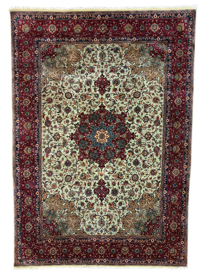 Soft Green &amp; Burgundy Persian Tabriz circa 1960 - Hand-Knotted  Rug - Floral Medallion Wool Rug - 8.0 x 11.0
