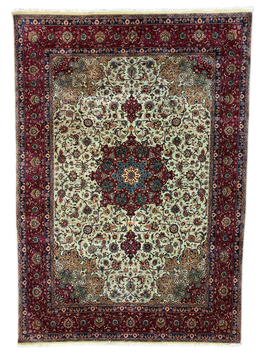 Soft Green & Burgundy Persian Tabriz circa 1960 - Hand-Knotted  Rug - Floral Medallion Wool Rug - 8.0 x 11.0