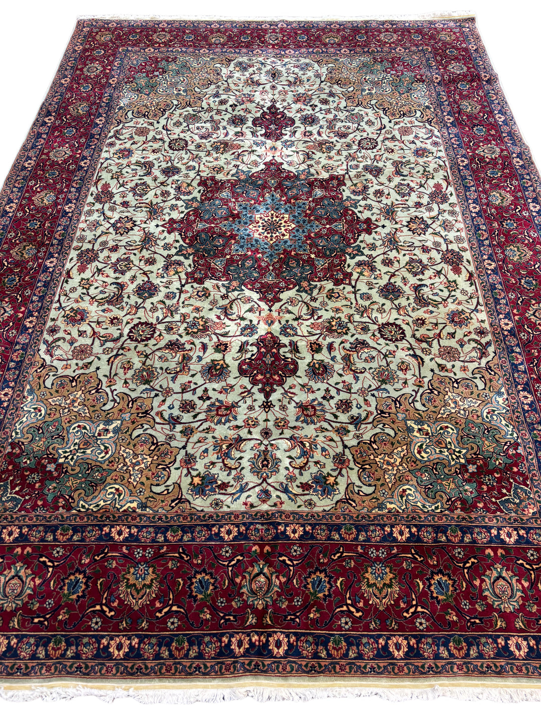 Soft Green &amp; Burgundy Persian Tabriz circa 1960 - Hand-Knotted  Rug - Floral Medallion Wool Rug - 8.0 x 11.0