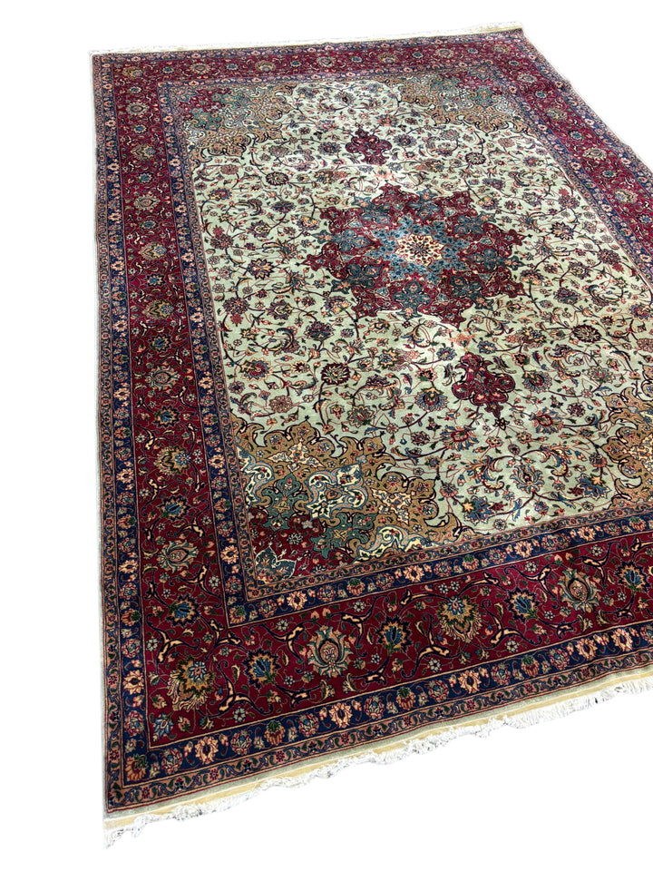 Soft Green &amp; Burgundy Persian Tabriz circa 1960 - Hand-Knotted  Rug - Floral Medallion Wool Rug - 8.0 x 11.0