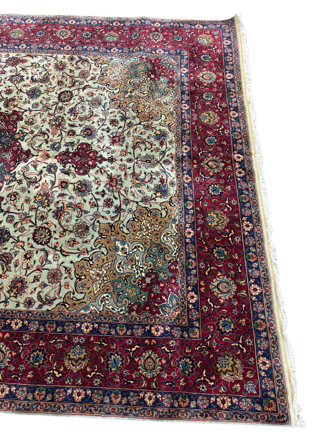 Soft Green &amp; Burgundy Persian Tabriz circa 1960 - Hand-Knotted  Rug - Floral Medallion Wool Rug - 8.0 x 11.0