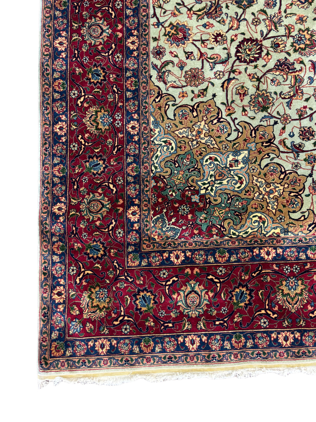 Soft Green &amp; Burgundy Persian Tabriz circa 1960 - Hand-Knotted  Rug - Floral Medallion Wool Rug - 8.0 x 11.0