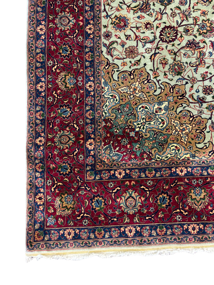 Soft Green &amp; Burgundy Persian Tabriz circa 1960 - Hand-Knotted  Rug - Floral Medallion Wool Rug - 8.0 x 11.0