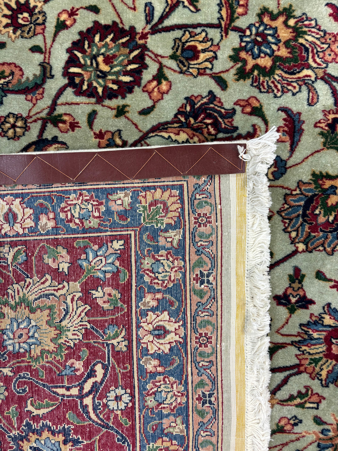 Soft Green &amp; Burgundy Persian Tabriz circa 1960 - Hand-Knotted  Rug - Floral Medallion Wool Rug - 8.0 x 11.0