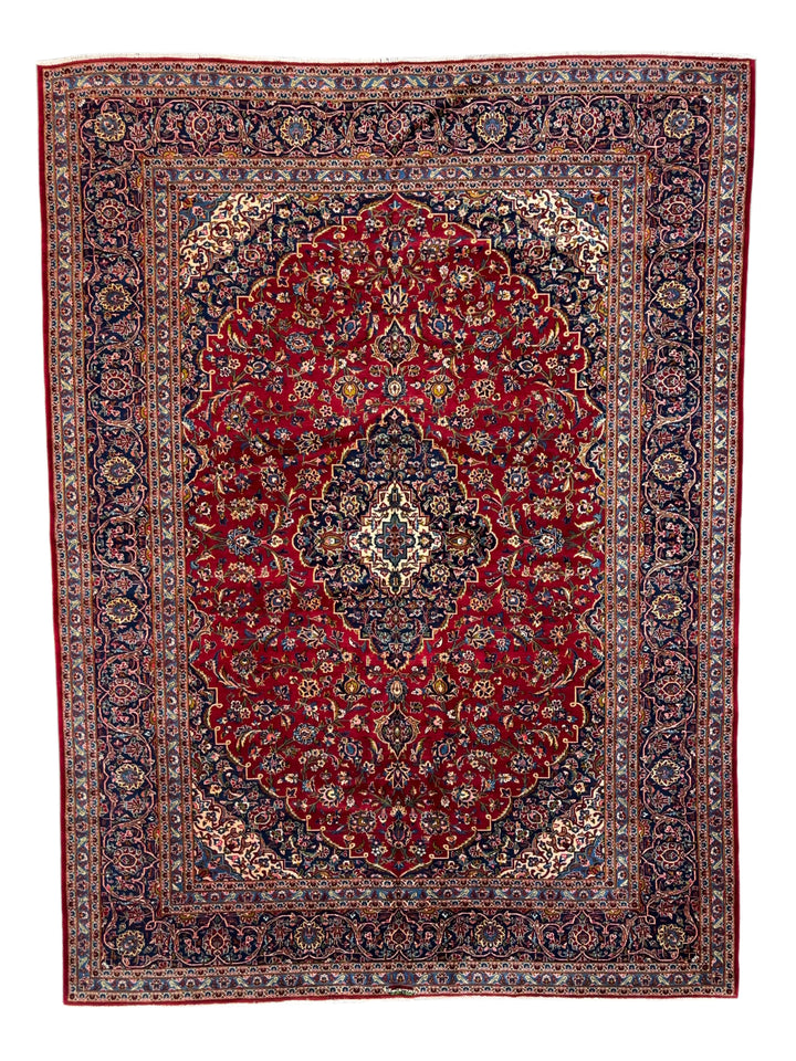 Red &amp; Navy Persian Kashan circa 1970 - Hand-Knotted Rug - Classic Floral Medallion Wool Rug - 9.0 x 12.3