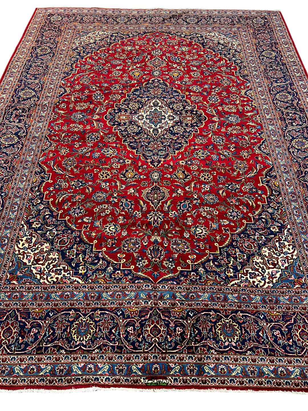 Red &amp; Navy Persian Kashan circa 1970 - Hand-Knotted Rug - Classic Floral Medallion Wool Rug - 9.0 x 12.3