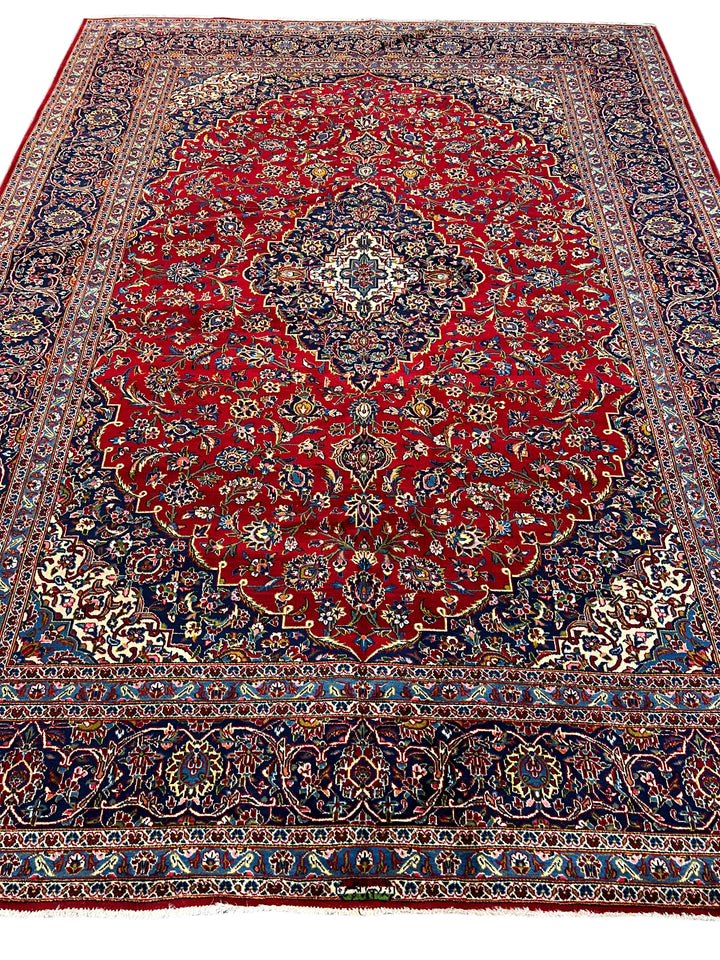 Red &amp; Navy Persian Kashan circa 1970 - Hand-Knotted Rug - Classic Floral Medallion Wool Rug - 9.0 x 12.3