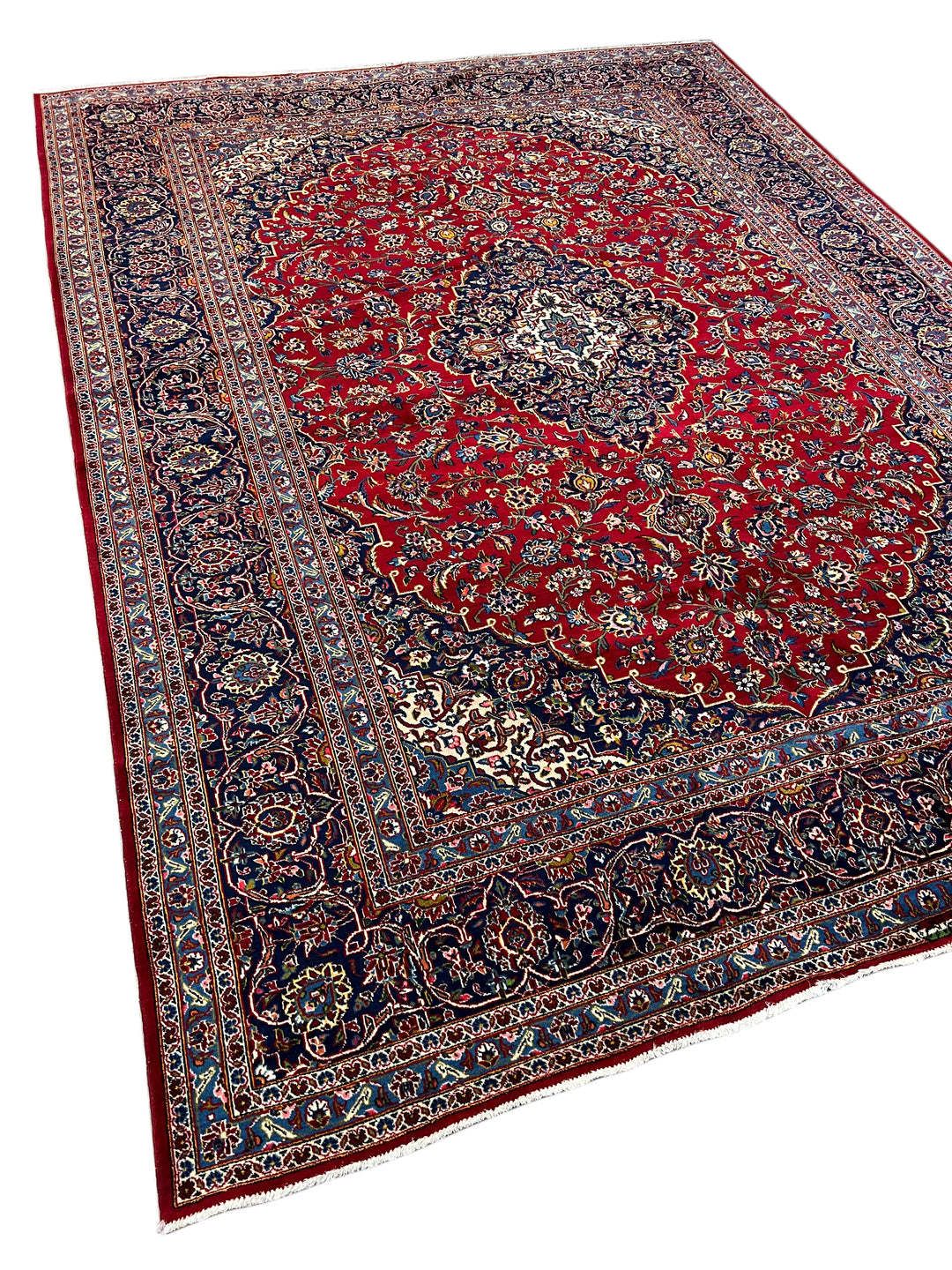 Red &amp; Navy Persian Kashan circa 1970 - Hand-Knotted Rug - Classic Floral Medallion Wool Rug - 9.0 x 12.3