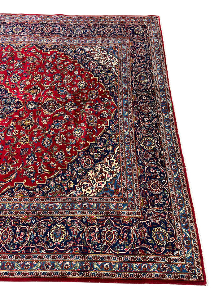 Red &amp; Navy Persian Kashan circa 1970 - Hand-Knotted Rug - Classic Floral Medallion Wool Rug - 9.0 x 12.3
