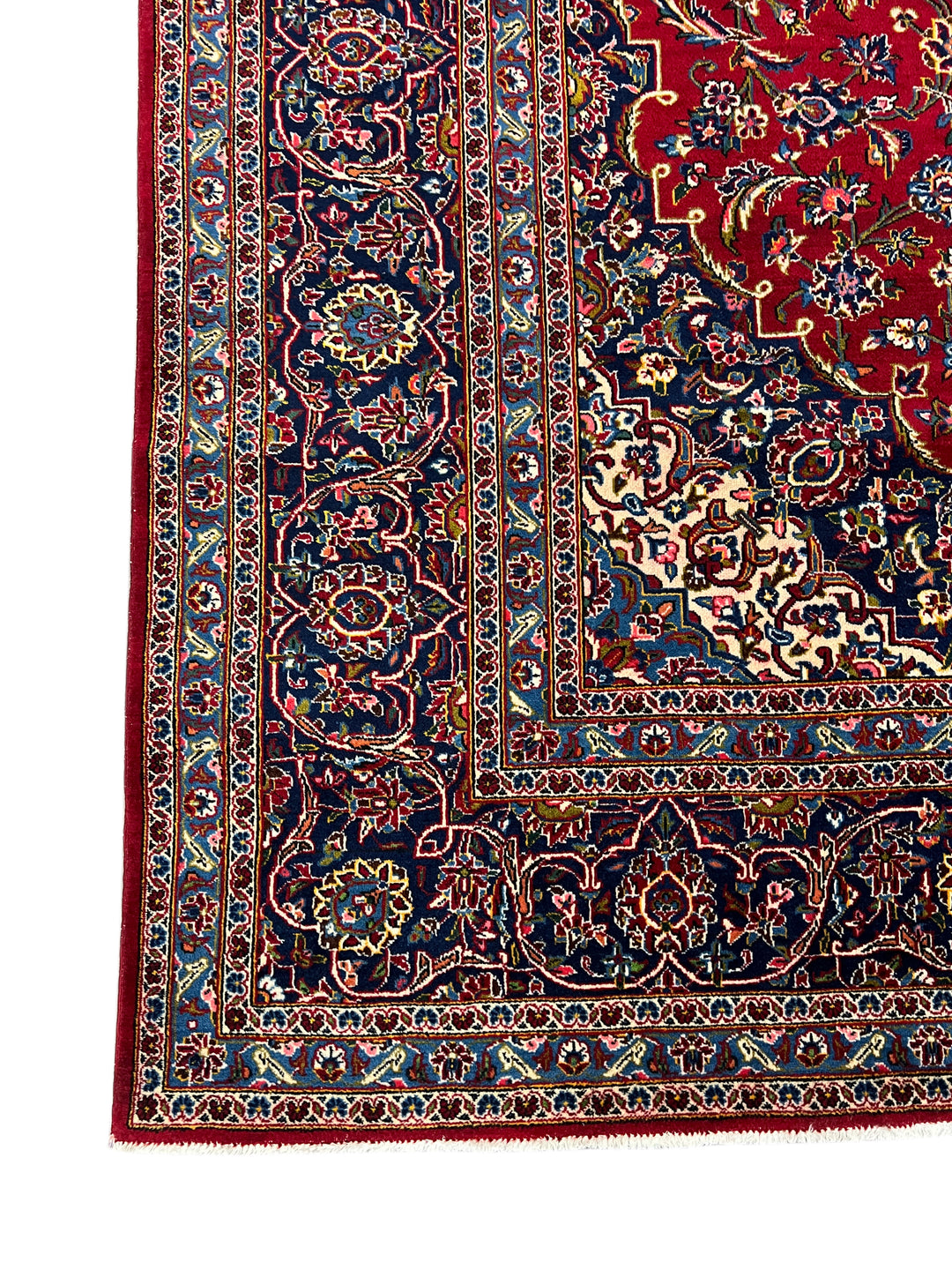 Red &amp; Navy Persian Kashan circa 1970 - Hand-Knotted Rug - Classic Floral Medallion Wool Rug - 9.0 x 12.3