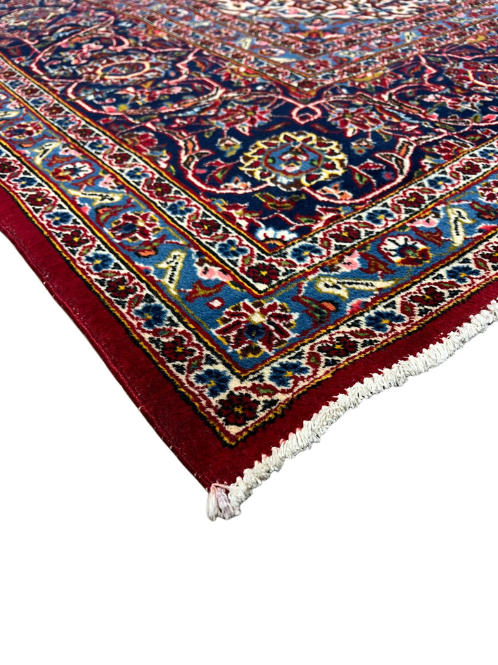 Red &amp; Navy Persian Kashan circa 1970 - Hand-Knotted Rug - Classic Floral Medallion Wool Rug - 9.0 x 12.3