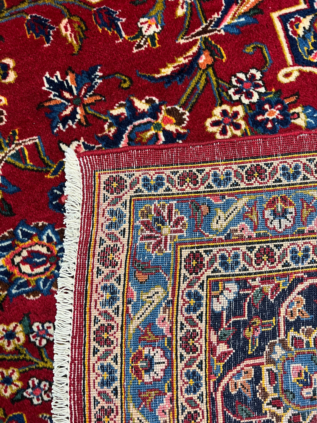Red &amp; Navy Persian Kashan circa 1970 - Hand-Knotted Rug - Classic Floral Medallion Wool Rug - 9.0 x 12.3