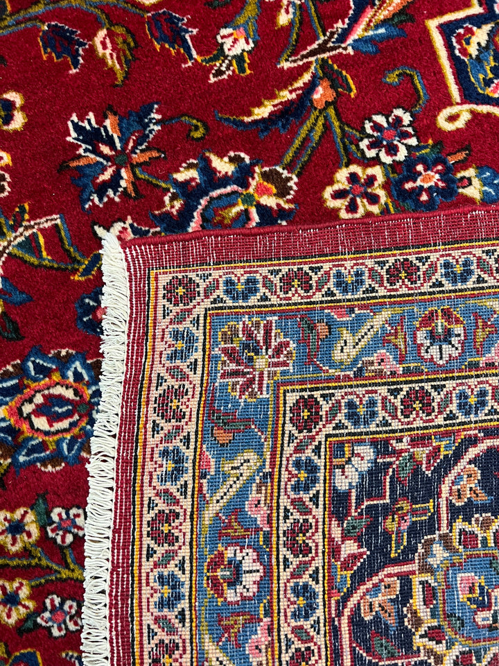 Red &amp; Navy Persian Kashan circa 1970 - Hand-Knotted Rug - Classic Floral Medallion Wool Rug - 9.0 x 12.3