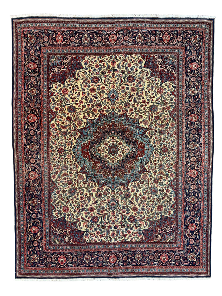 Ivory &amp; Navy Persian Isfahan Hand-Knotted Rug - Floral Medallion Wool Rug - 9.0 x 11.9