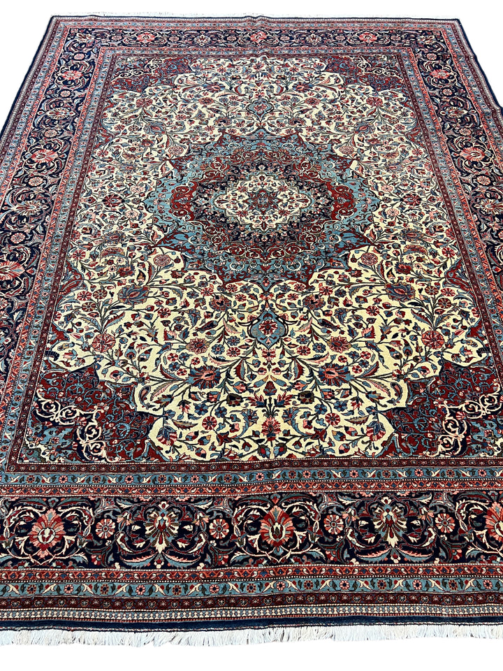Ivory &amp; Navy Persian Isfahan Hand-Knotted Rug - Floral Medallion Wool Rug - 9.0 x 11.9