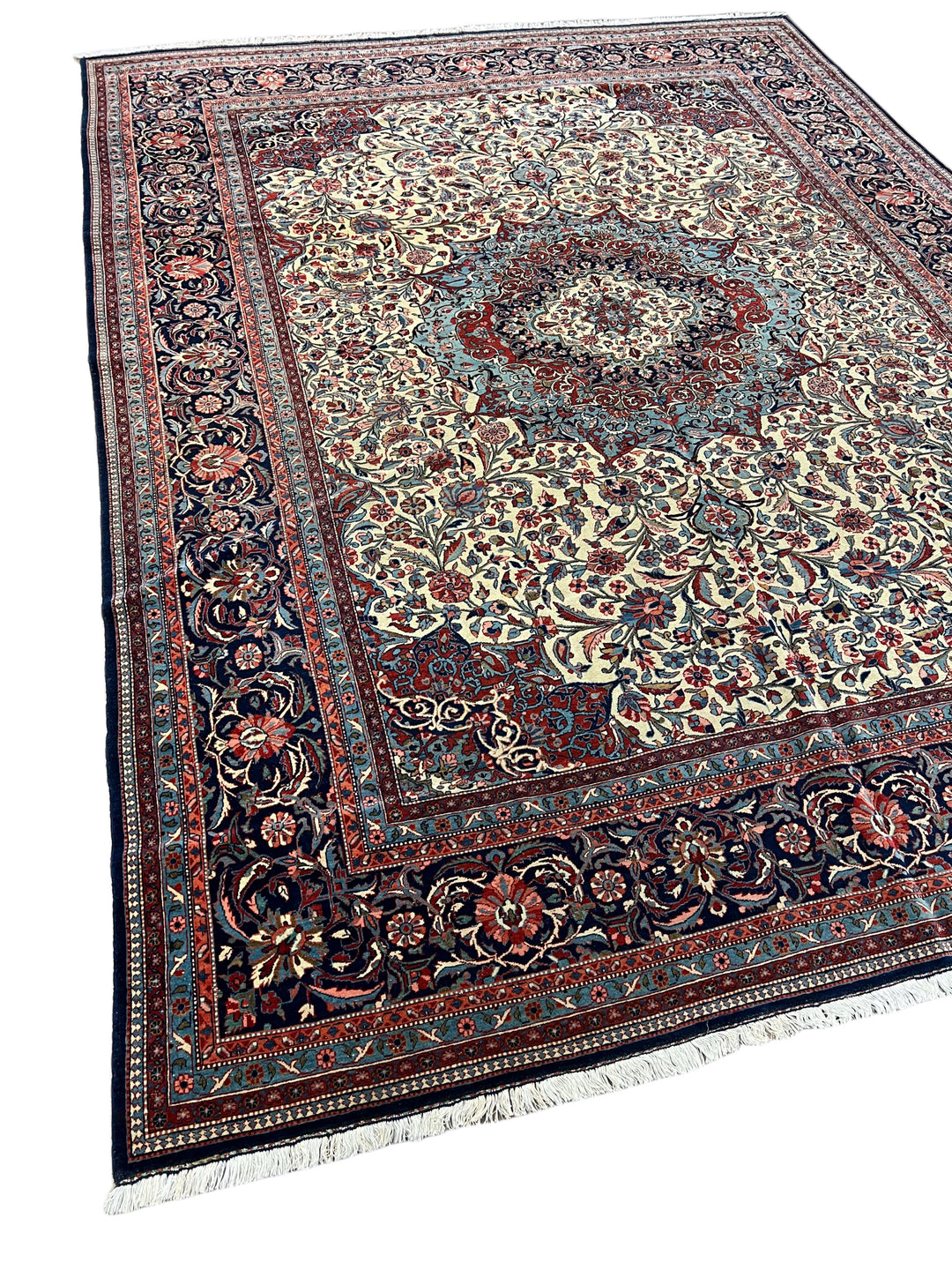 Ivory &amp; Navy Persian Isfahan Hand-Knotted Rug - Floral Medallion Wool Rug - 9.0 x 11.9