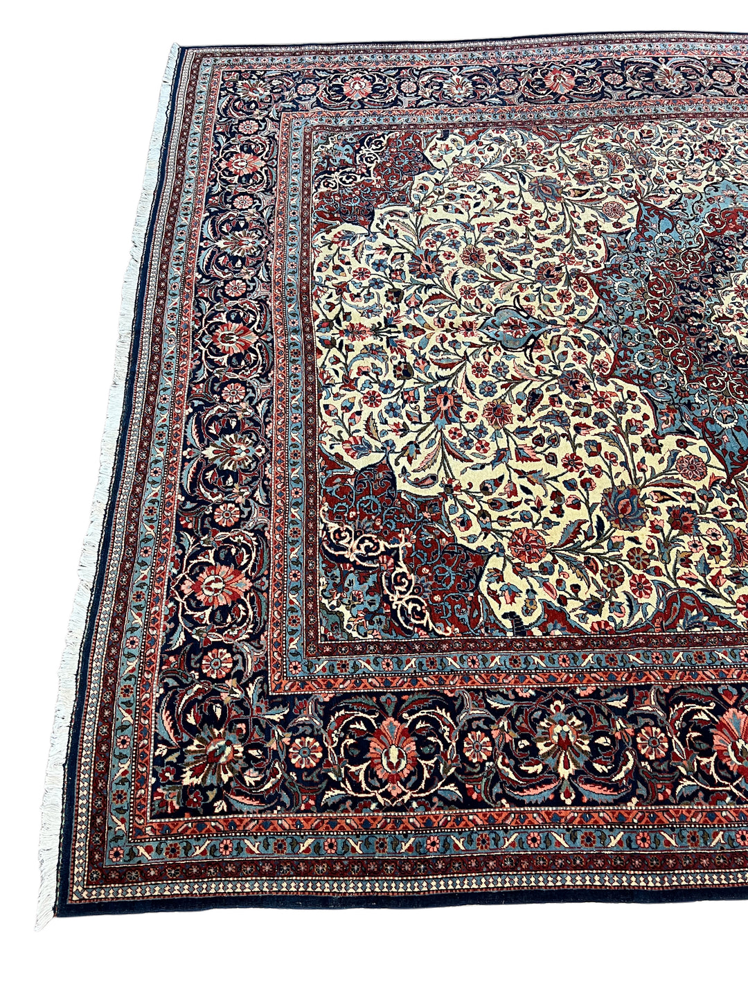 Ivory &amp; Navy Persian Isfahan Hand-Knotted Rug - Floral Medallion Wool Rug - 9.0 x 11.9