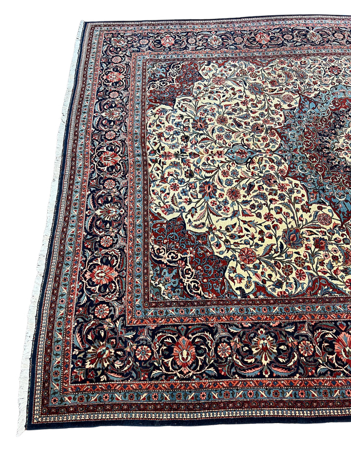 Ivory &amp; Navy Persian Isfahan Hand-Knotted Rug - Floral Medallion Wool Rug - 9.0 x 11.9